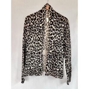 White + Warren Leopard 100% Cashmere Open Front Cardigan Belt LARGE Animal Print